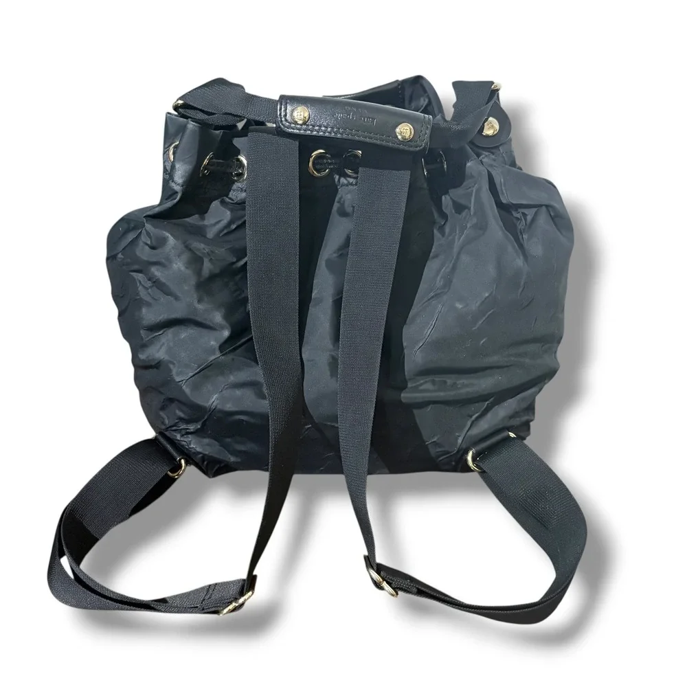 Kate Spade New York Black Nylon Leather Drawstring Bucket Backpack Bag PXRU2483